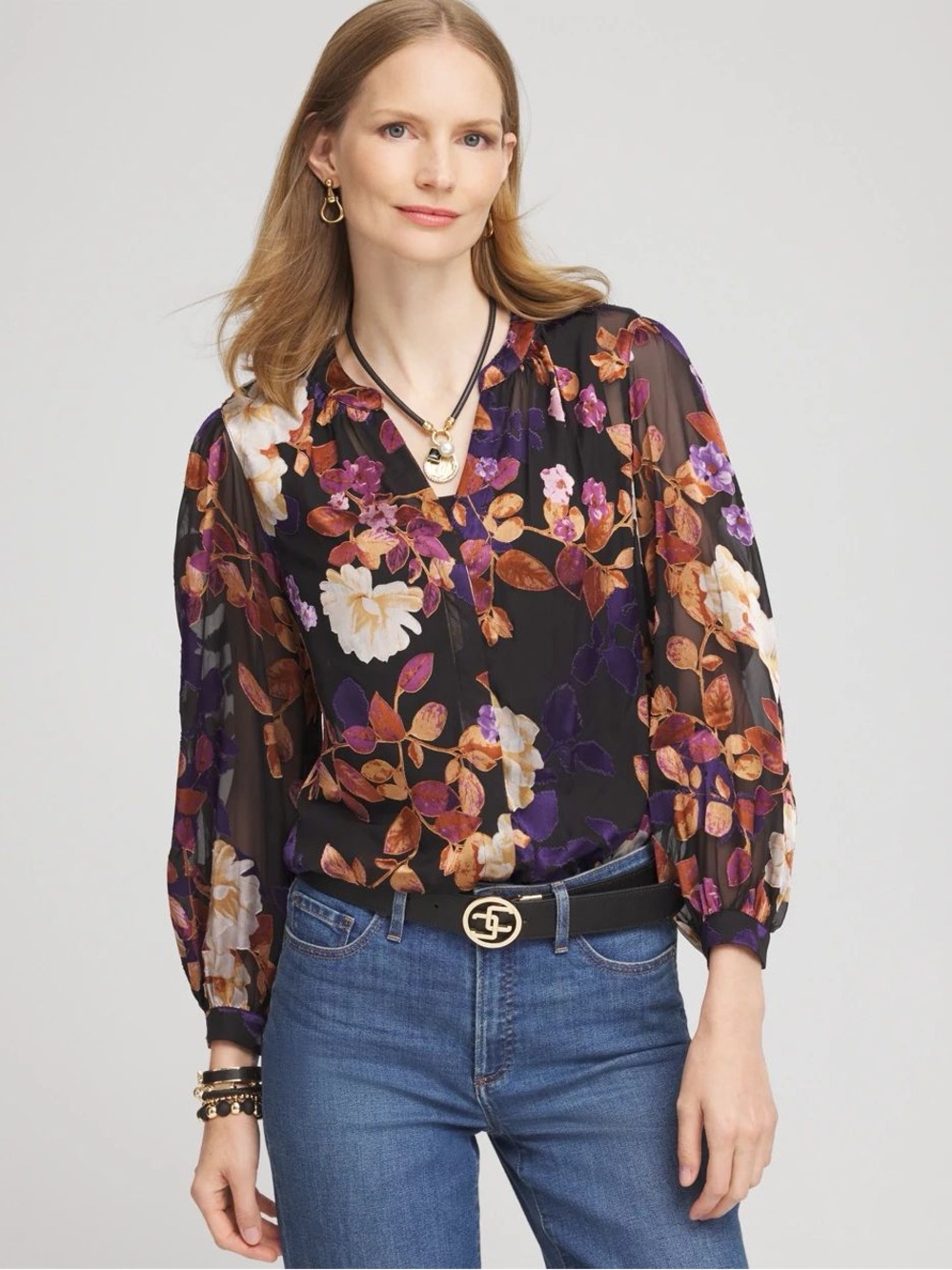 Chico’s Floral Burnout Blouse Women’s Size M 10 Button Front Moody Semi Sheer